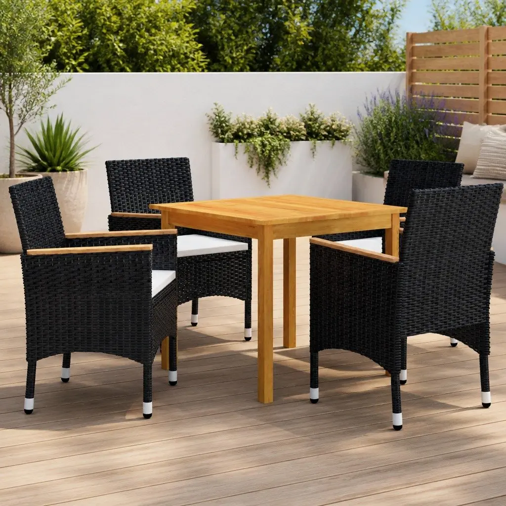 5 Piece Outdoor Garden Dining Set Acacia Wood Steel Frame PE Rattan Black