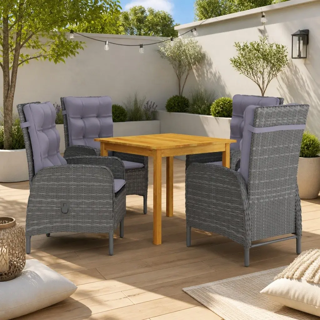 Garden Dining Set Acacia Wood Rattan 5 Piece Outdoor Table Chairs Grey