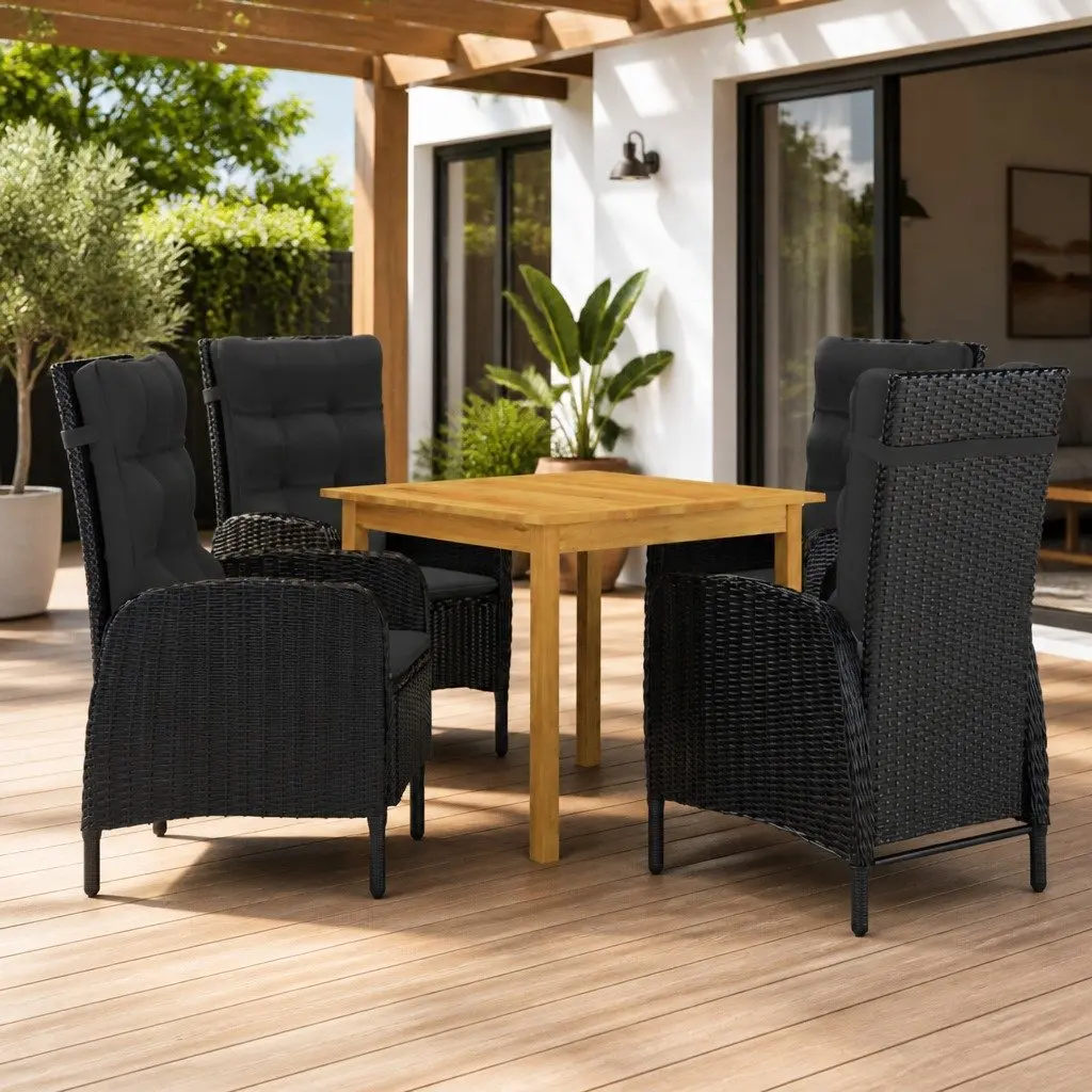 5 Piece Garden Dining Set Acacia Wood Steel Rattan Black