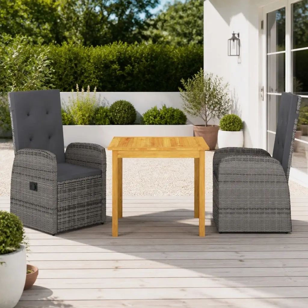 3 Piece Rattan Garden Dining Set in Grey