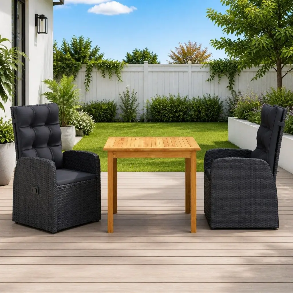 Black 3 Piece Garden Dining Set with Reclining Chairs