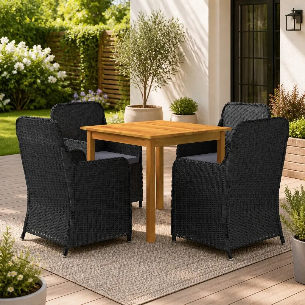 5 Piece Black Garden Dining Set with Cushions
