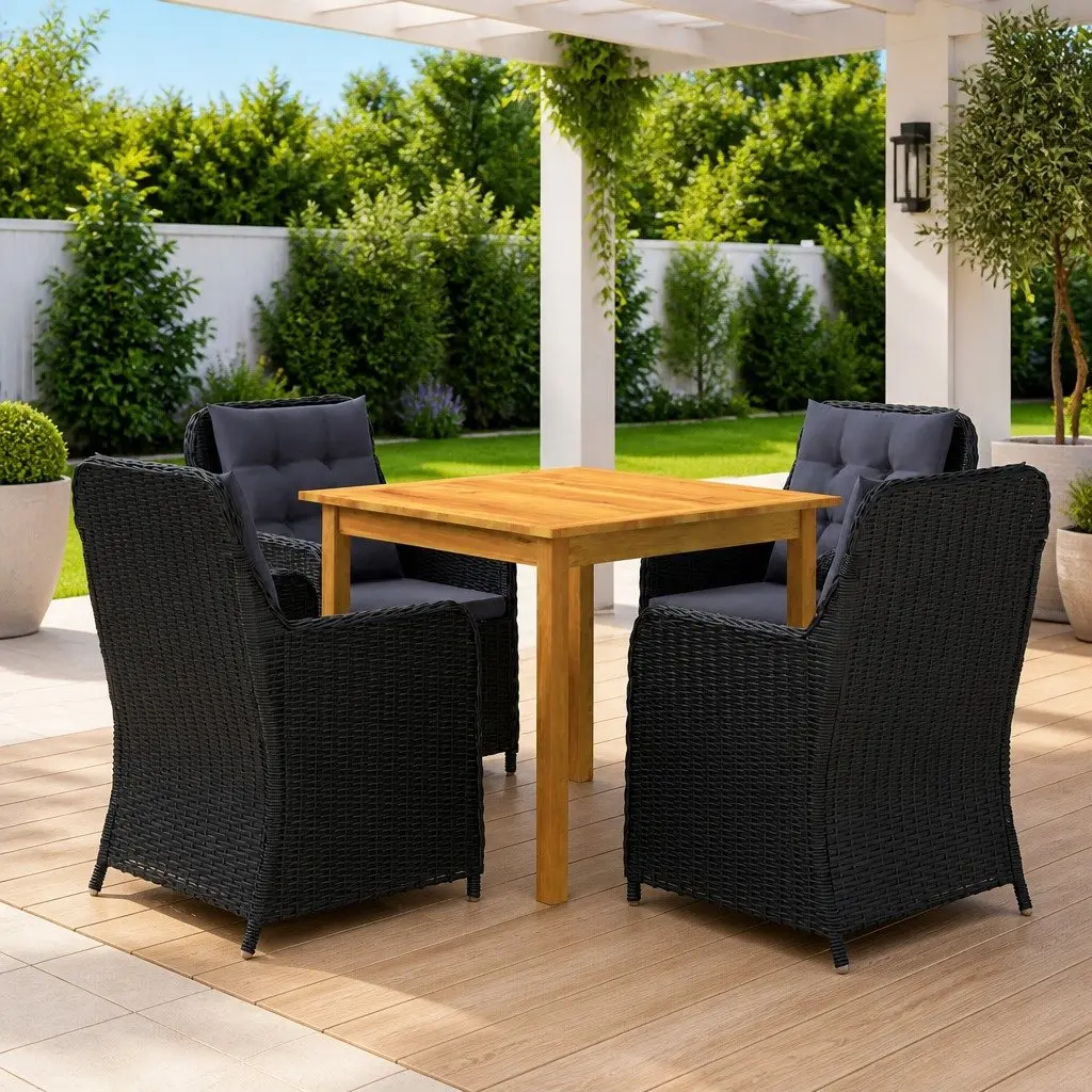 5 Piece Garden Dining Set Acacia Wood PE Rattan Black Outdoor Furniture Table Chairs