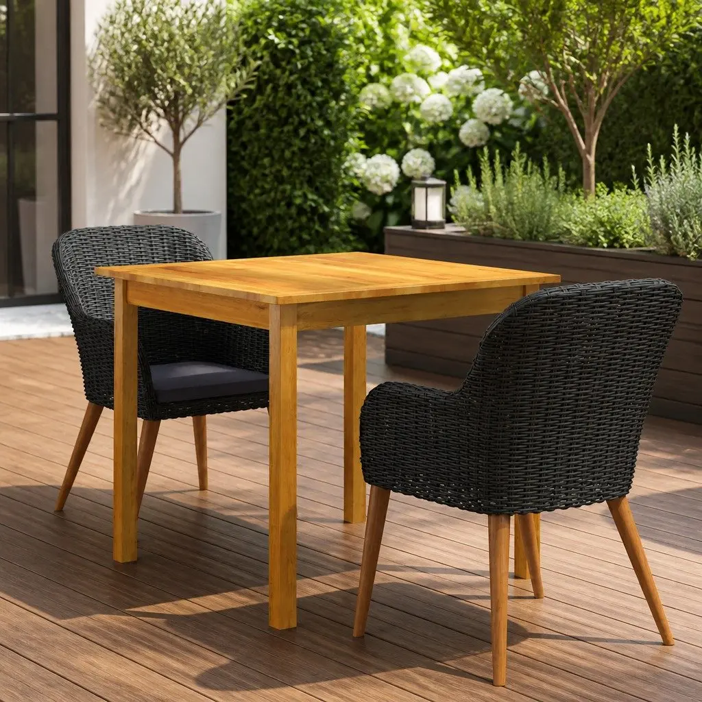 Garden Dining Set Acacia Wood Steel Frame PE Rattan 3 Piece Black