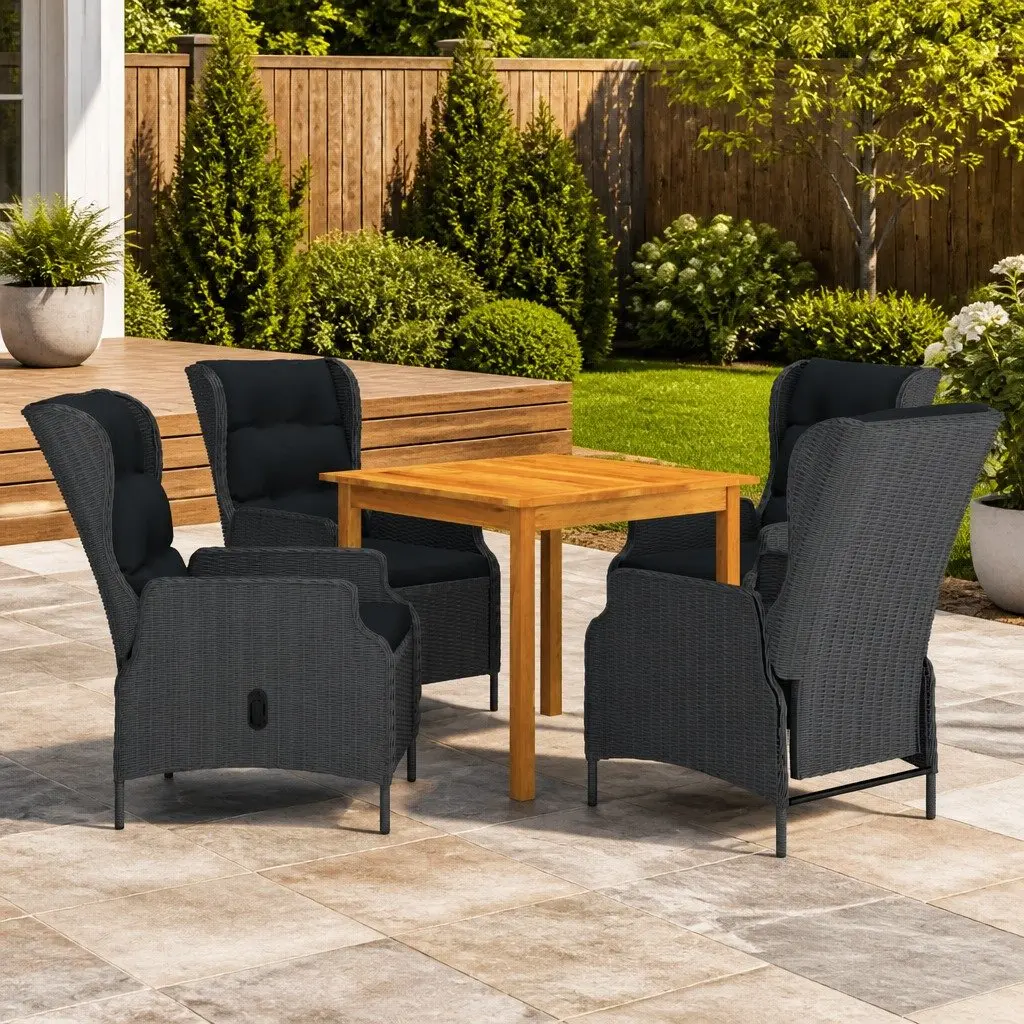Garden Dining Set 5 Piece Solid Acacia Wood Table Powder-coated Steel Frame PE Rattan Chairs Cushioned Grey