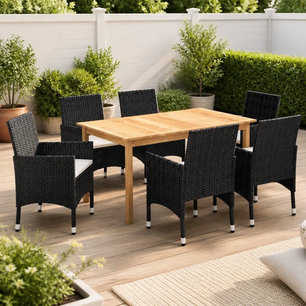 7 Piece Black Acacia Wood Outdoor Dining Set