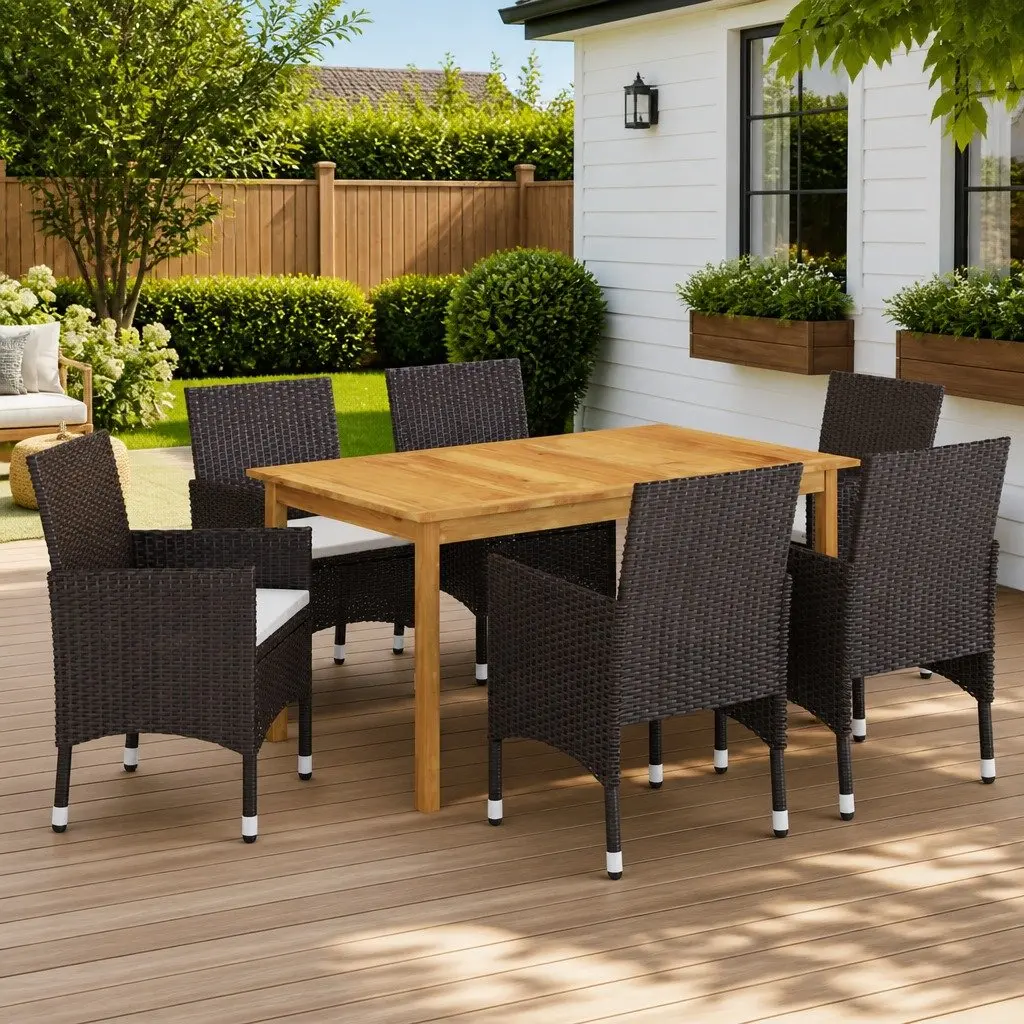Garden Dining Set Acacia Wood Brown 7 Piece Outdoor Furniture
