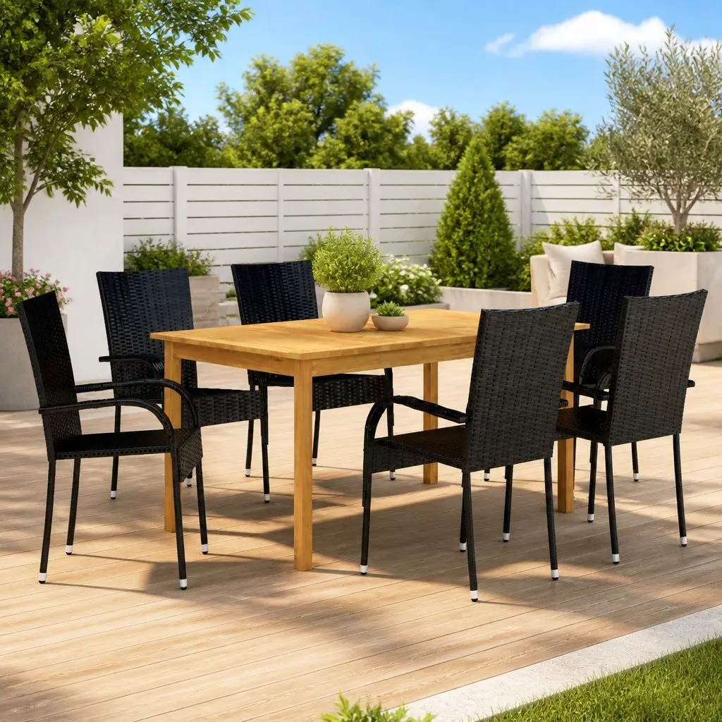 Outdoor Dining Set Acacia Wood Steel 7 Piece Black