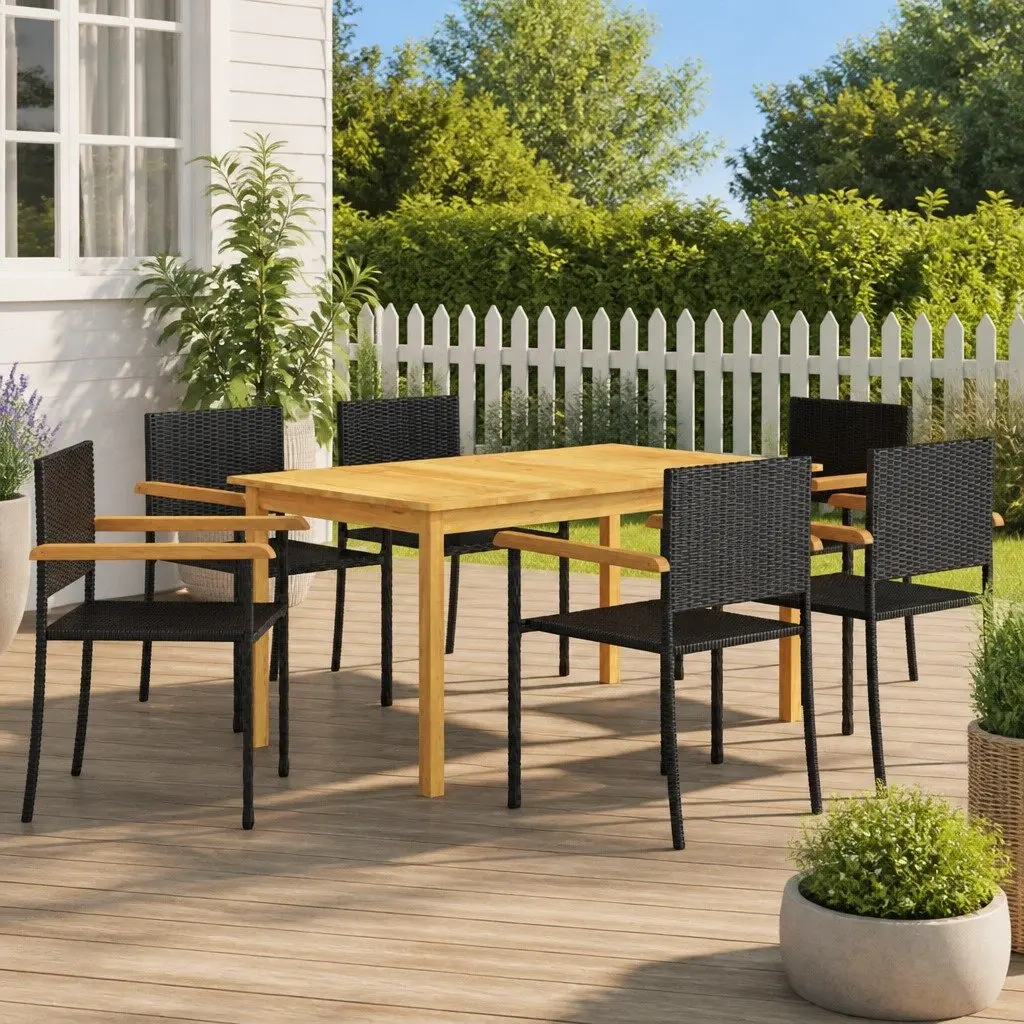 Garden Dining Set Acacia Wood Powder-coated Steel Weather-resistant PE Rattan 7 Piece Black