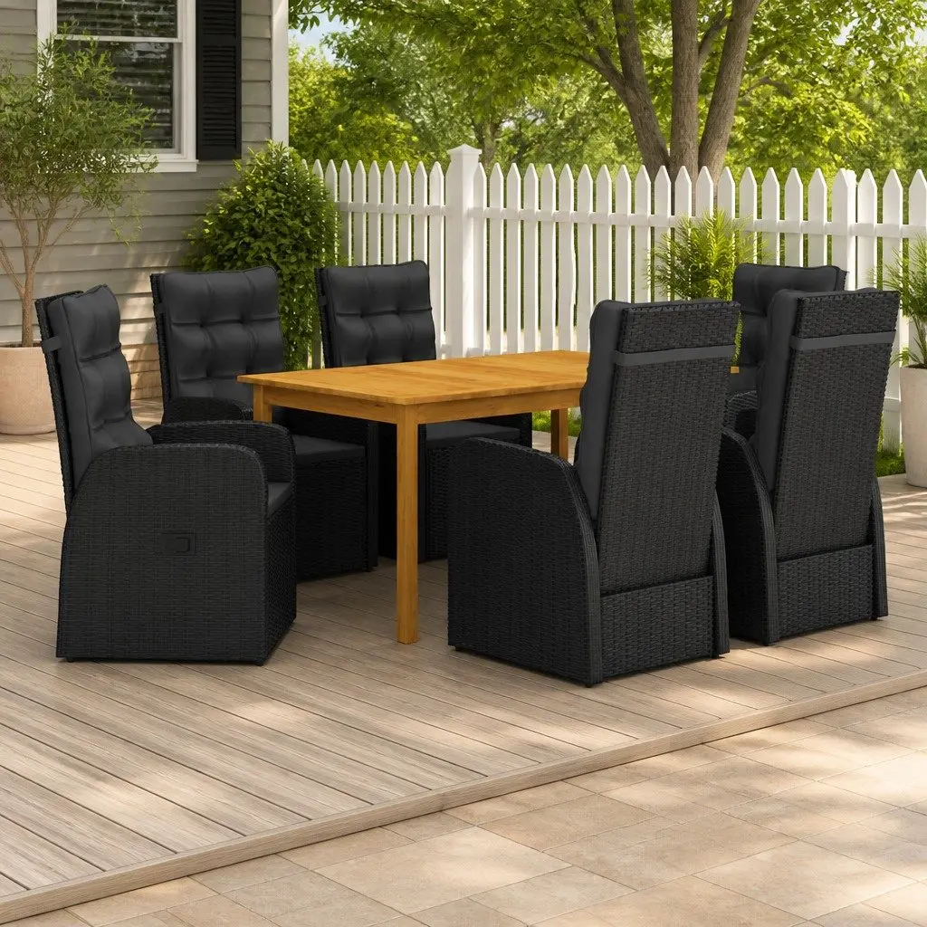 Garden Dining Set Acacia Wood Table Powder-Coated Steel Frame Weather-Resistant PE Rattan 7 Piece Black