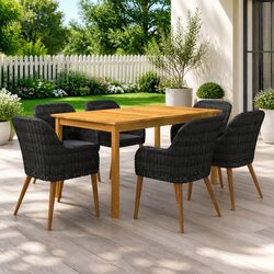 7-Piece Black Acacia Garden Dining Set with Rattan Chairs