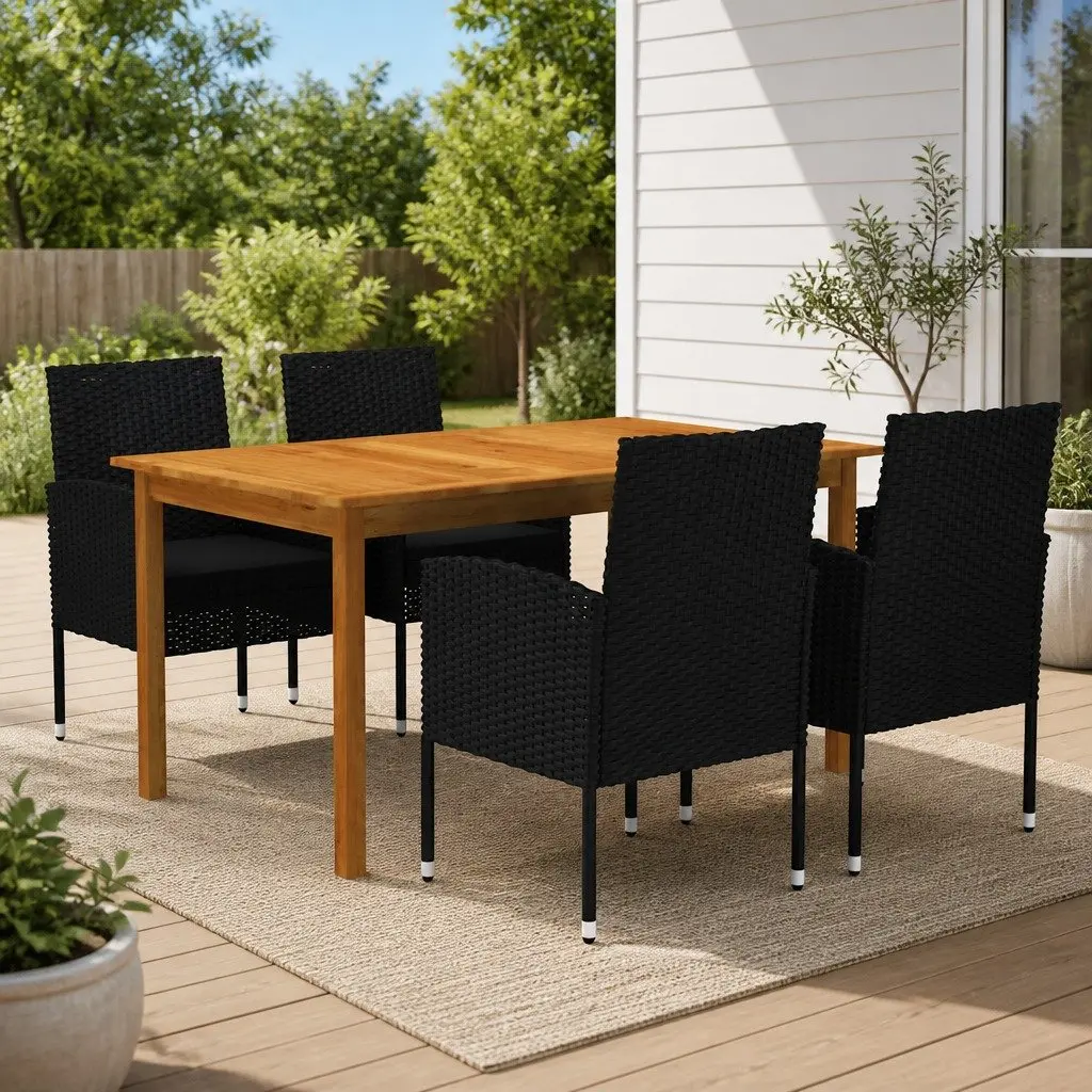 Garden Dining Set Solid Acacia Wood Powder-Coated Steel Weather-Resistant PE Rattan 5 Piece Black