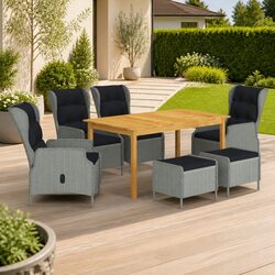 Grey Rattan 7-Piece Garden Dining Set with Acacia Table