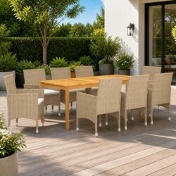9-Piece Outdoor Dining Set with Beige Rattan Chairs