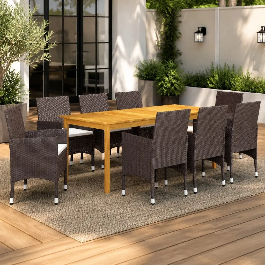 9 Piece Rattan Outdoor Dining Set in Brown