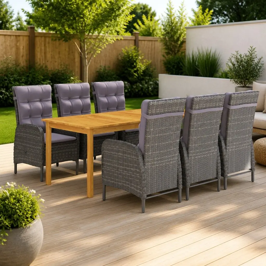 Garden Dining Set 7 Piece Outdoor Furniture Table Chairs Grey Rattan
