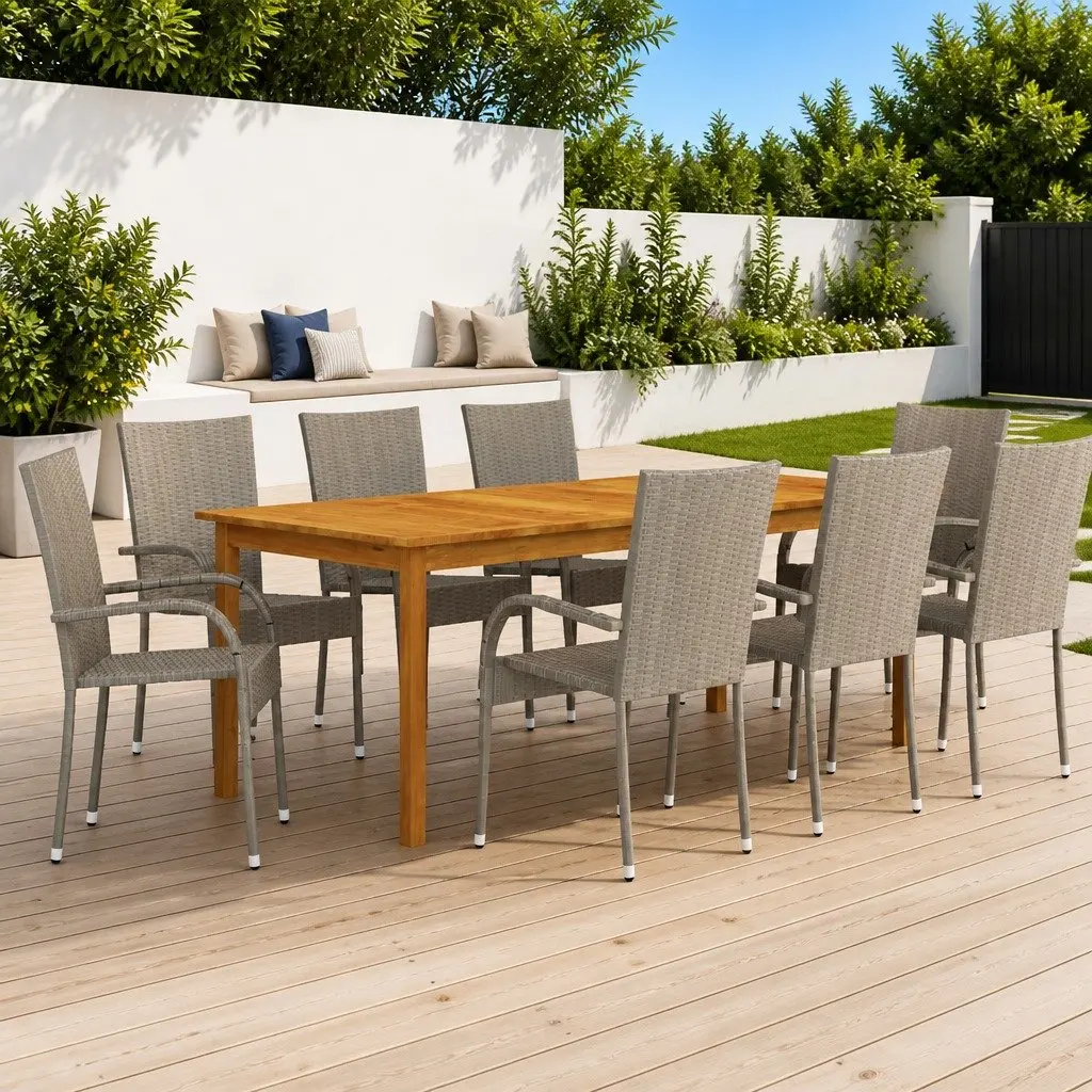 Garden Dining Set Acacia Wood 9 Piece Grey Outdoor Furniture Table Chairs