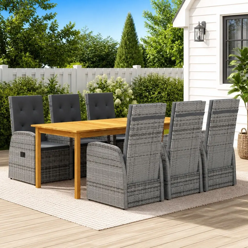 7 Piece Outdoor Dining Set Acacia Wood Table with Steel Frame and Rattan Chairs Grey