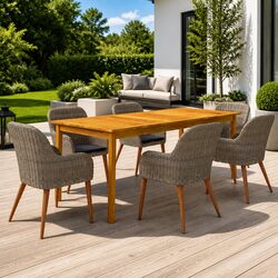 7-Piece Brown Acacia Wood and Rattan Garden Dining Set
