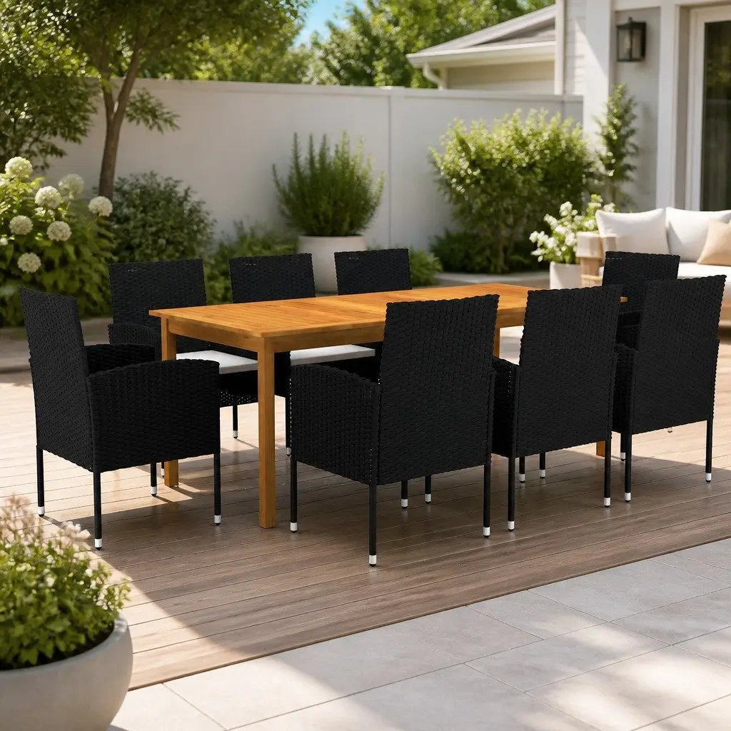 9 Piece Outdoor Dining Set with Black Table and Chairs