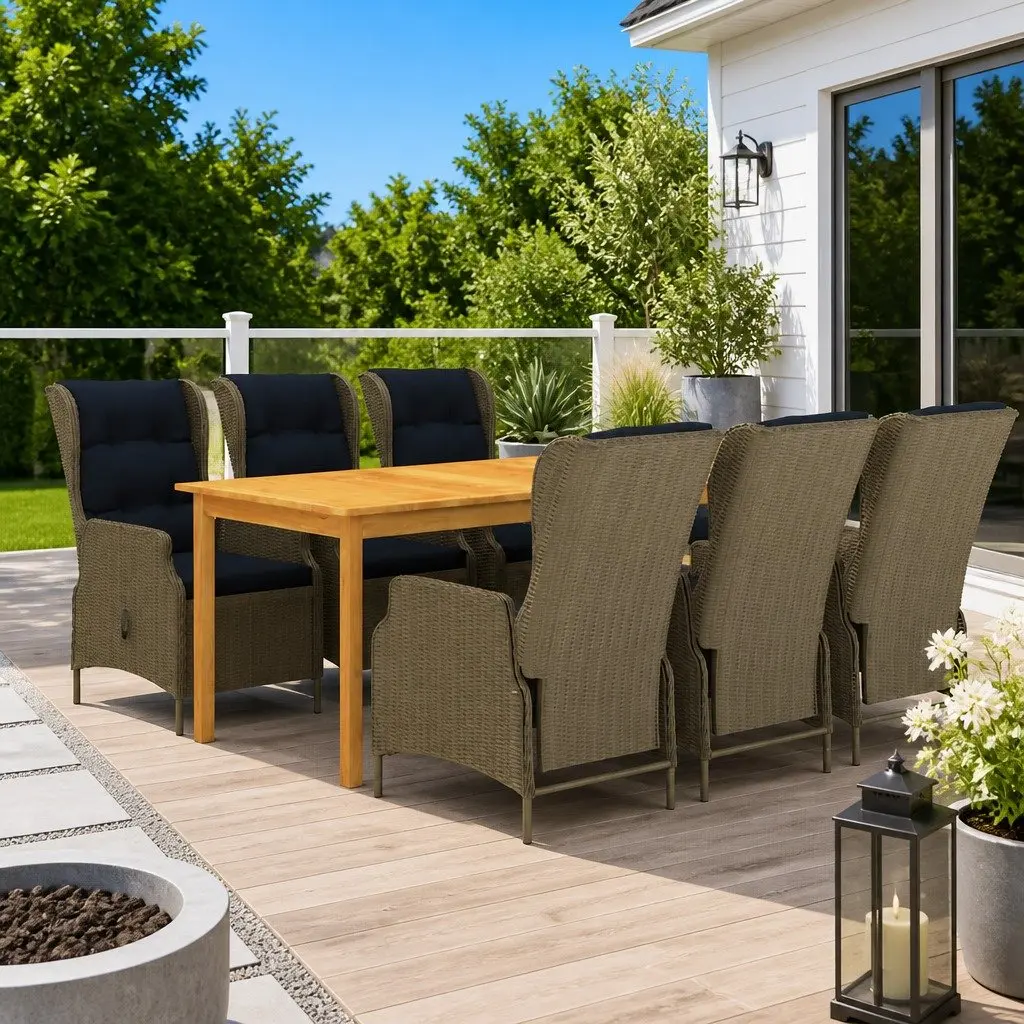 7 Piece Garden Dining Set Solid Acacia Wood Powder-coated Steel Round PE Rattan Brown