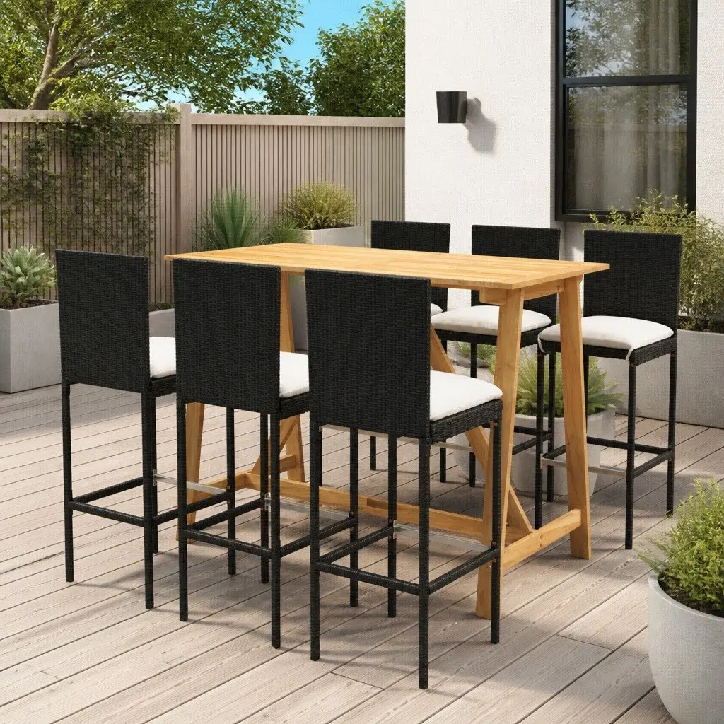 Garden Bar Set Acacia Wood Steel Rattan 7 Piece Black