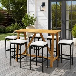 7 Piece Outdoor Black Garden Bar Set with Cushions