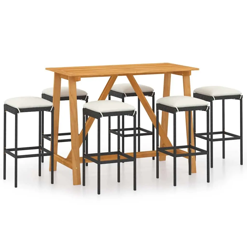 7 Piece Outdoor Black Garden Bar Set with Cushions