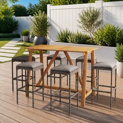 Garden Bar Set 7 Piece Outdoor Patio Furniture Grey with Cushions Stools Table