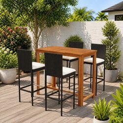 Sturdy 5 Piece Garden Bar Set with Cushions in Black