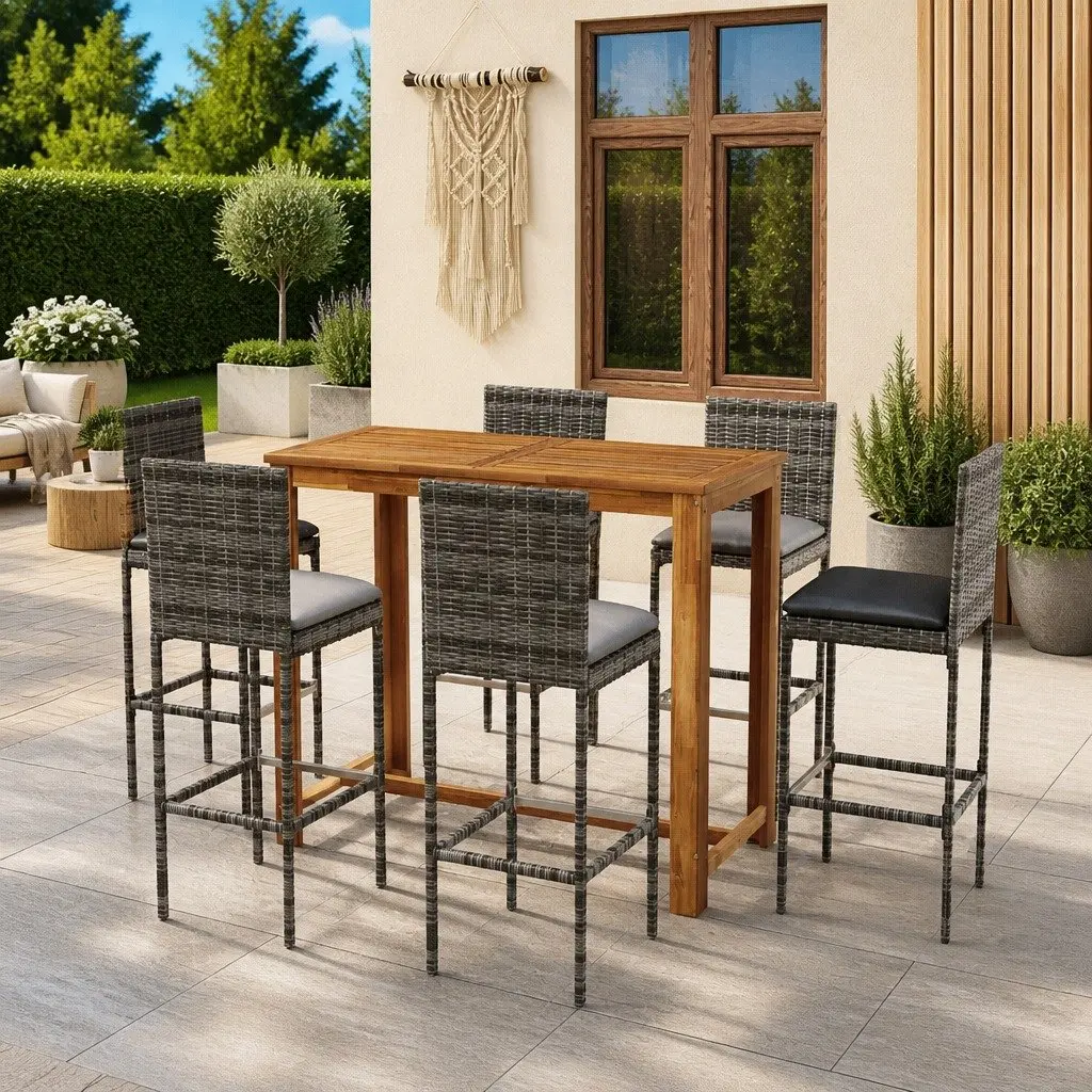Garden Bar Set Acacia Wood Rattan Stools Brown 7 Piece