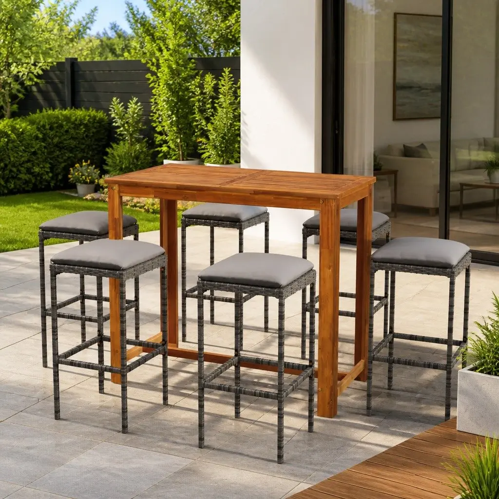 7 Piece Garden Bar Set Solid Acacia Wood Powder-coated Steel PE Rattan Grey