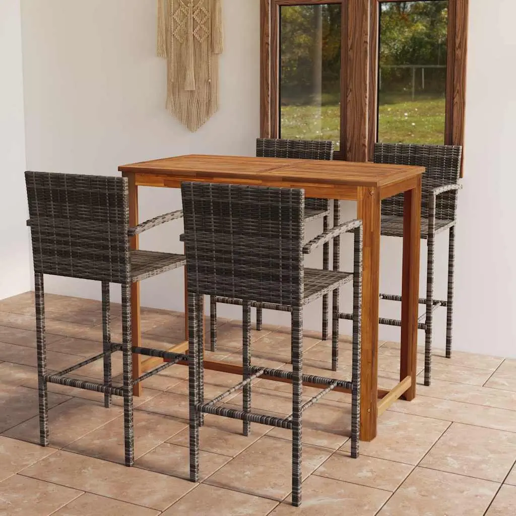 5-Piece Grey Garden Bar Set with Rattan Stools