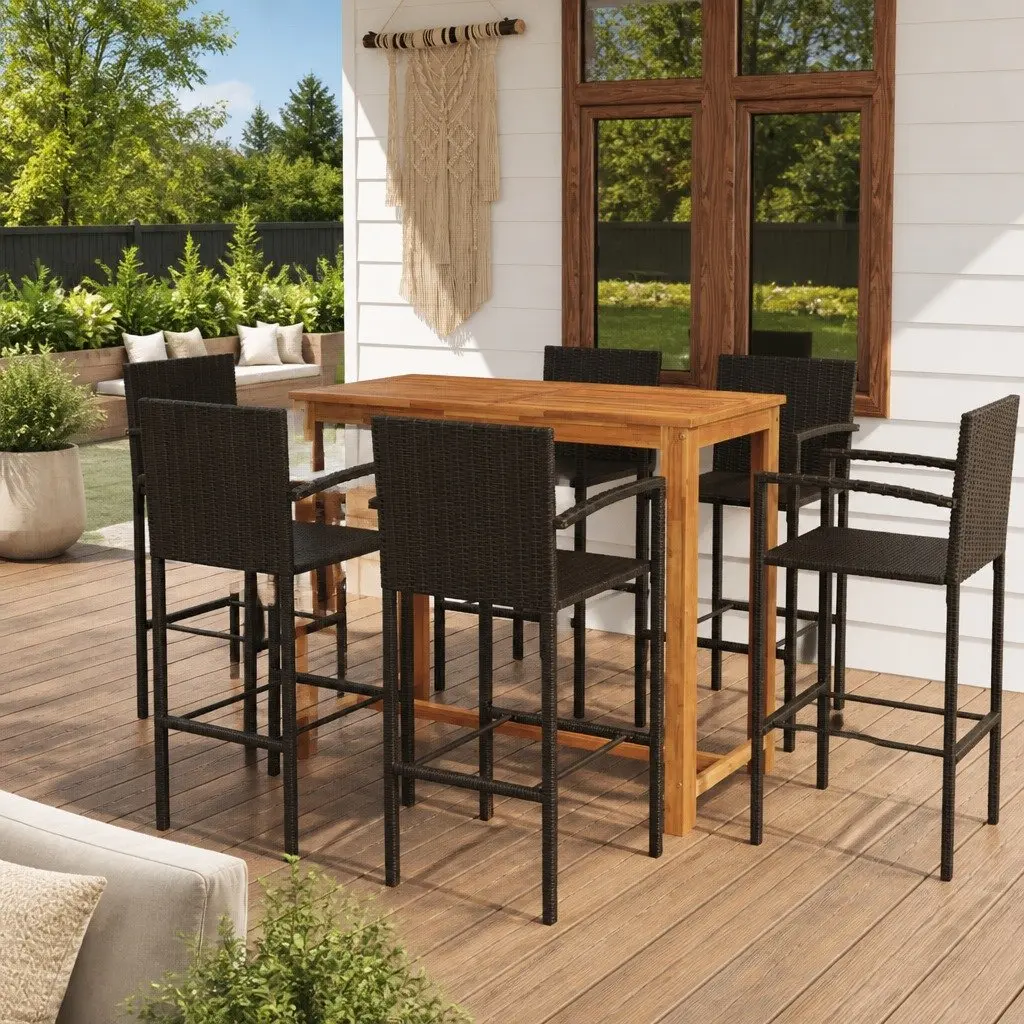 Garden Bar Set Acacia Wood Powder-Coated Steel PE Rattan 7 Piece Brown
