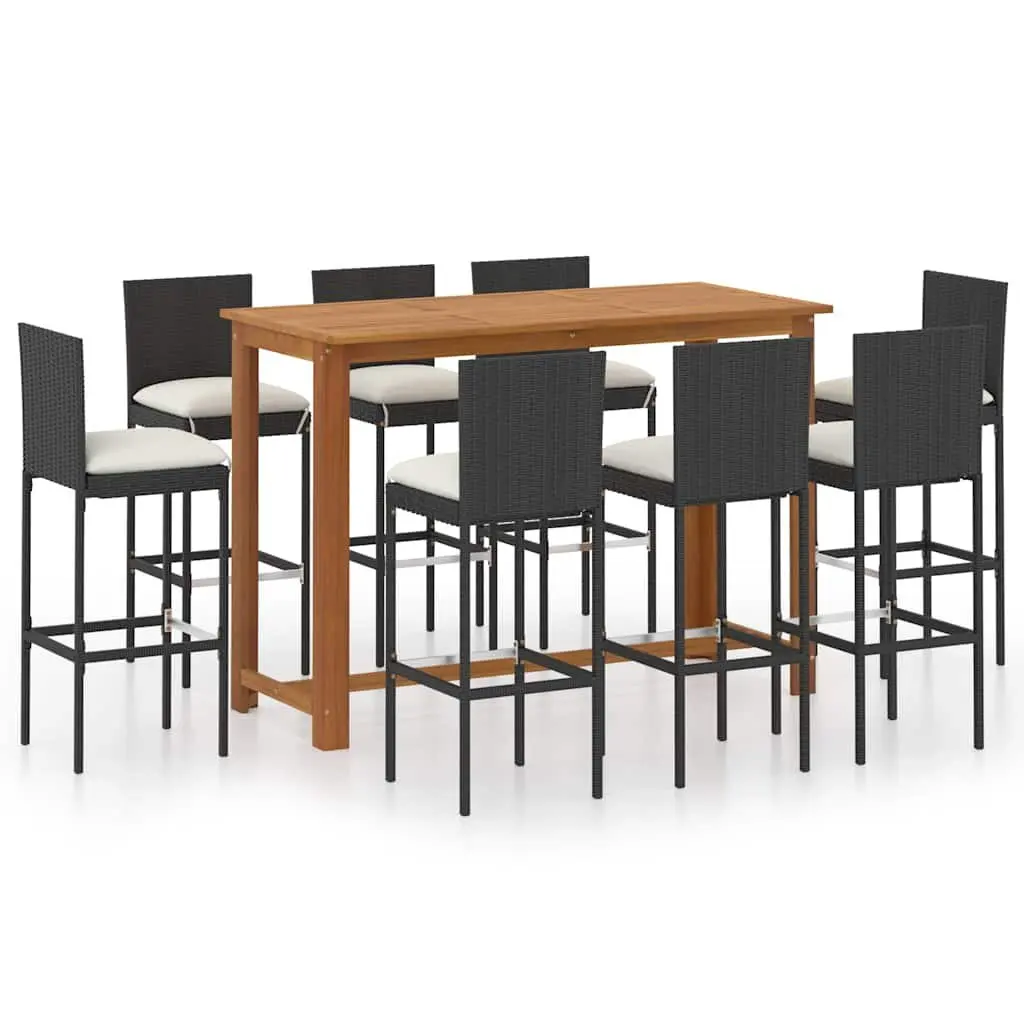 Garden Bar Set Acacia Wood Powder-coated Steel 9 Piece Outdoor Patio Furniture Black