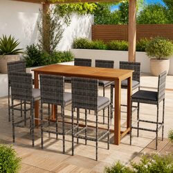 9 Piece Outdoor Garden Bar Set with Cushions in Grey