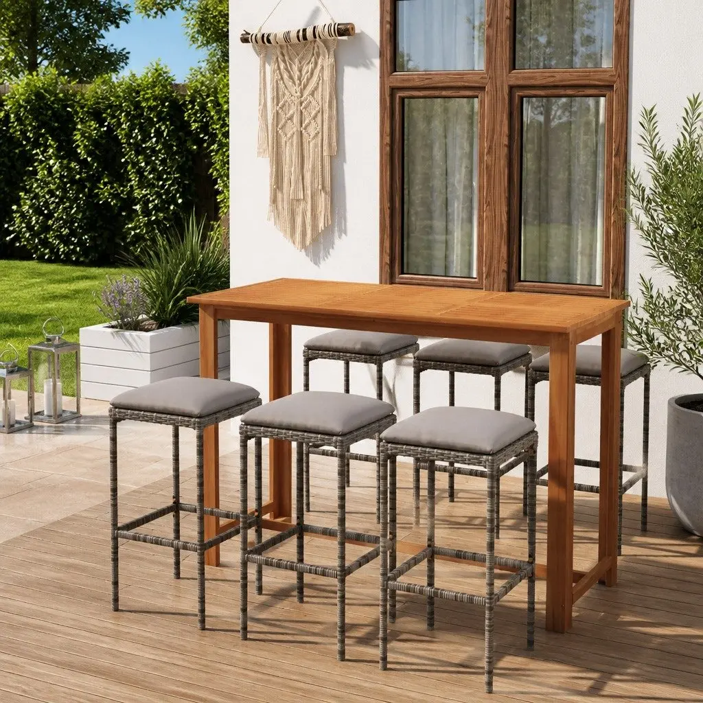 7-Piece Garden Bar Set with Cushions in Grey