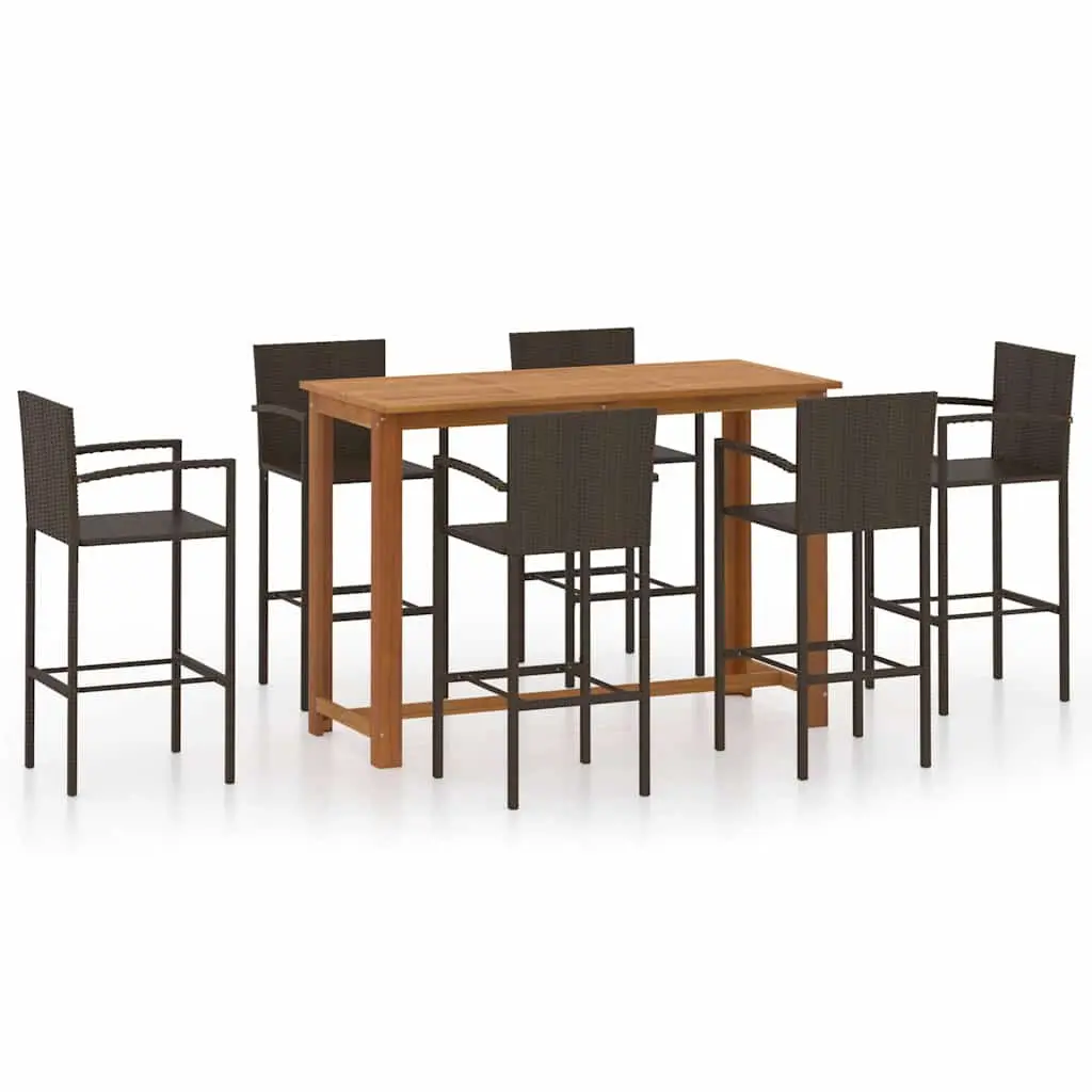 7 Piece Outdoor Garden Bar Set Solid Acacia Wood Table Powder-coated Steel Frame Brown