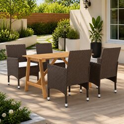 5 Piece Brown Acacia Wood Garden Dining Set with Rattan Chairs