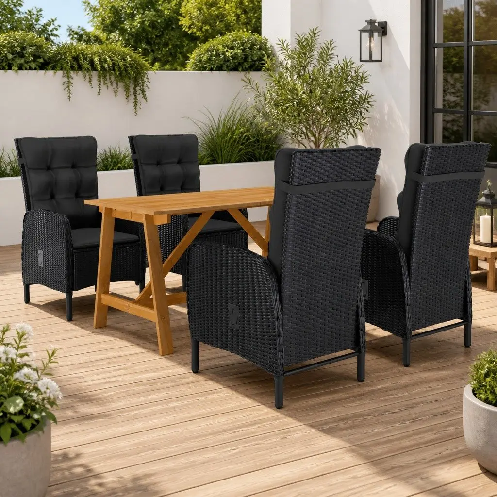 Garden Dining Set Acacia Wood Rattan 5 Piece Outdoor Furniture Black
