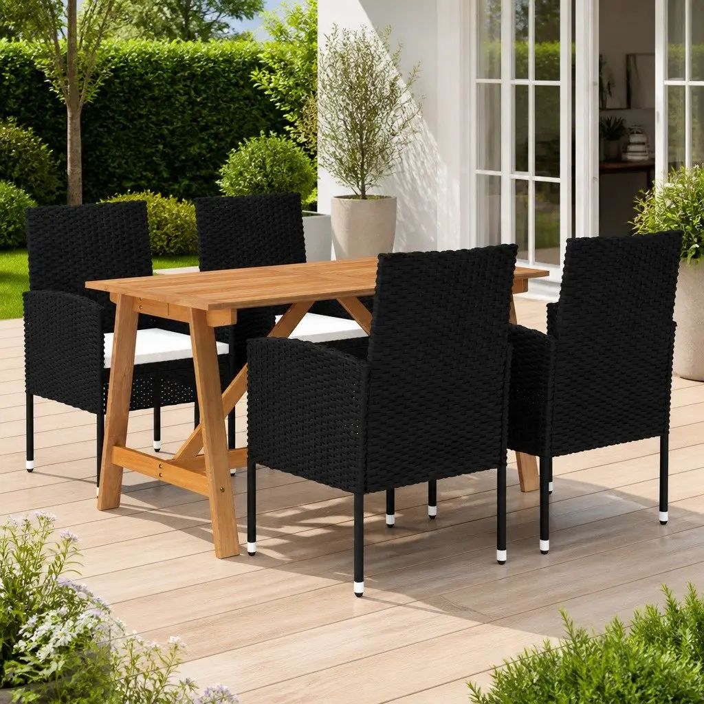 5 Piece Garden Dining Set Acacia Wood Steel PE Rattan Black