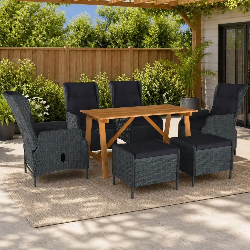 7 Piece Garden Dining Set Acacia Wood Table Steel Frame Chairs Stools PE Rattan Grey