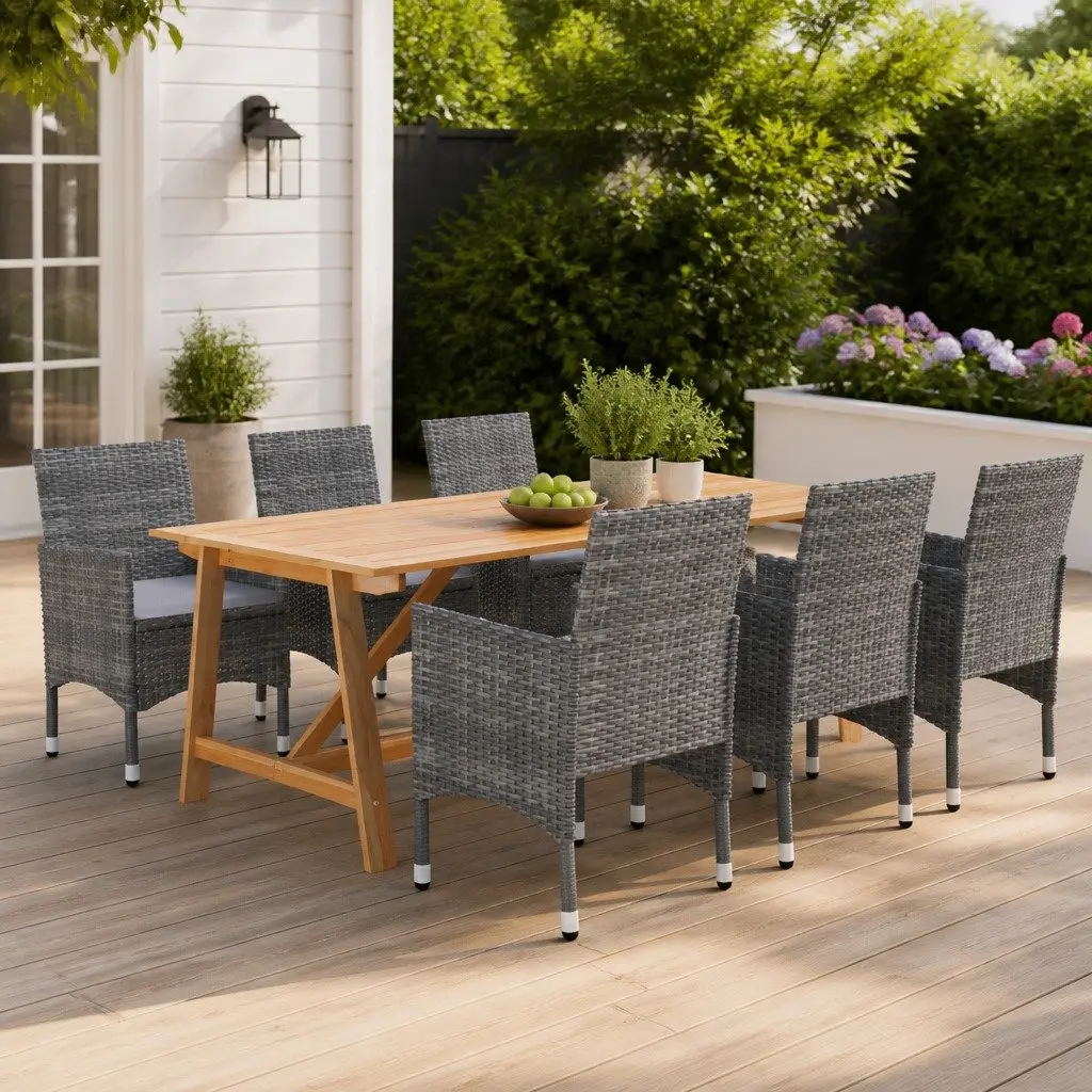 7 Piece Garden Dining Set Acacia Wood Table Powder-coated Steel Frame Chairs Grey