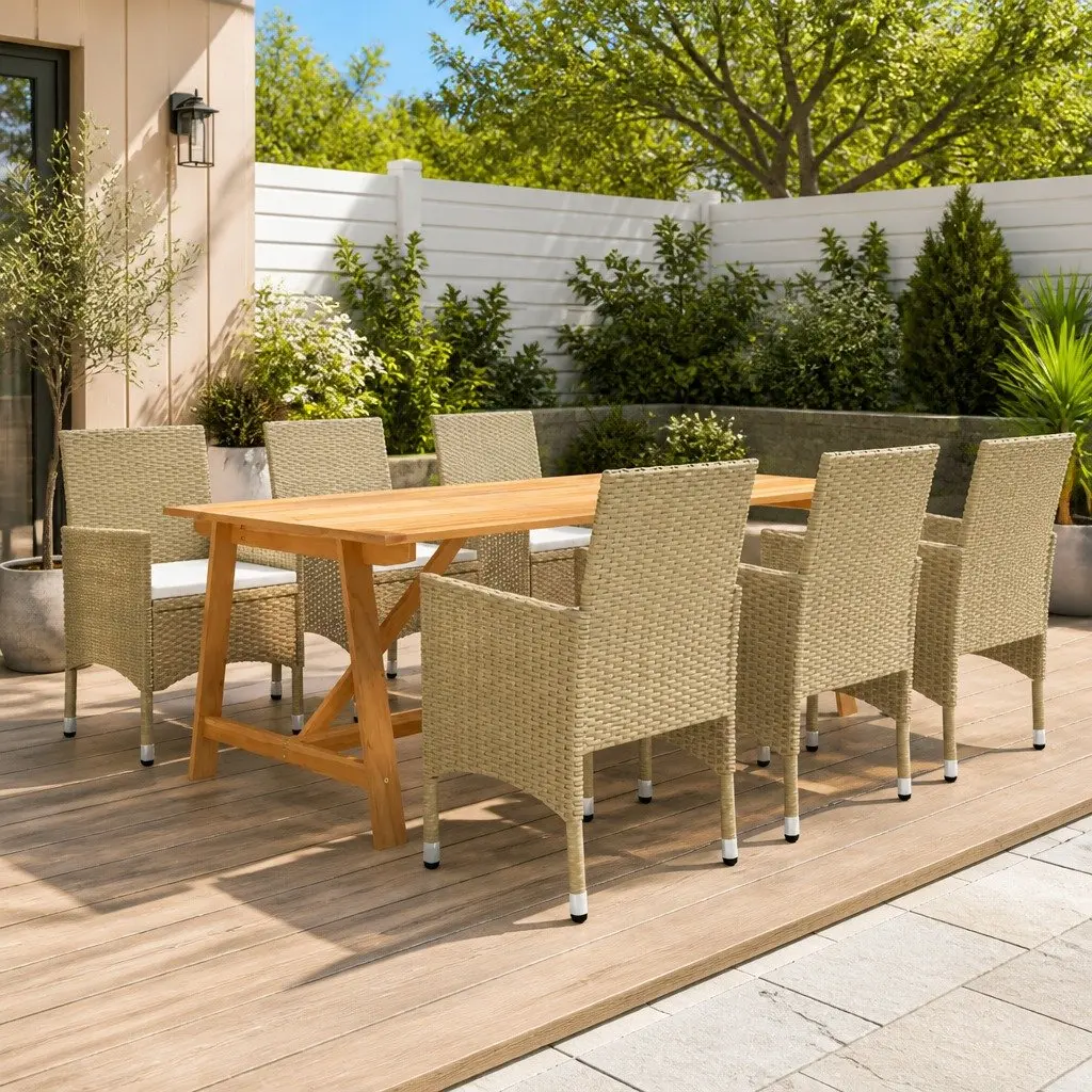 7 Piece Outdoor Dining Set with Durable Beige Finish