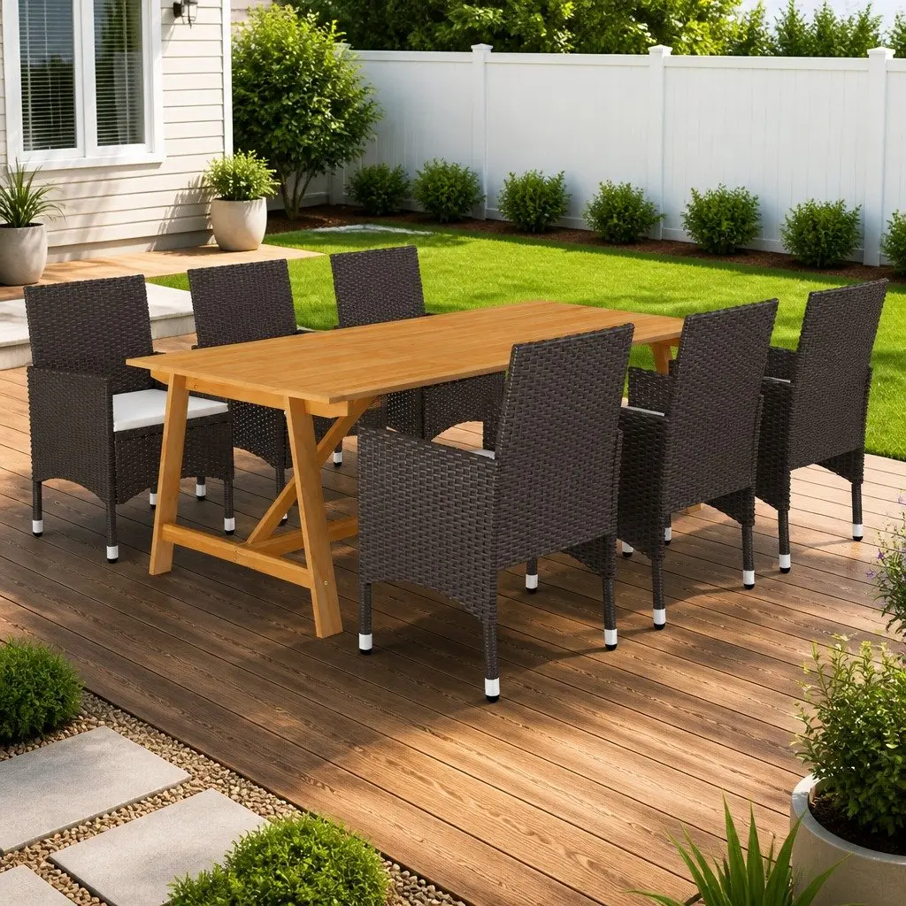 7 Piece Outdoor Dining Set in Brown Acacia