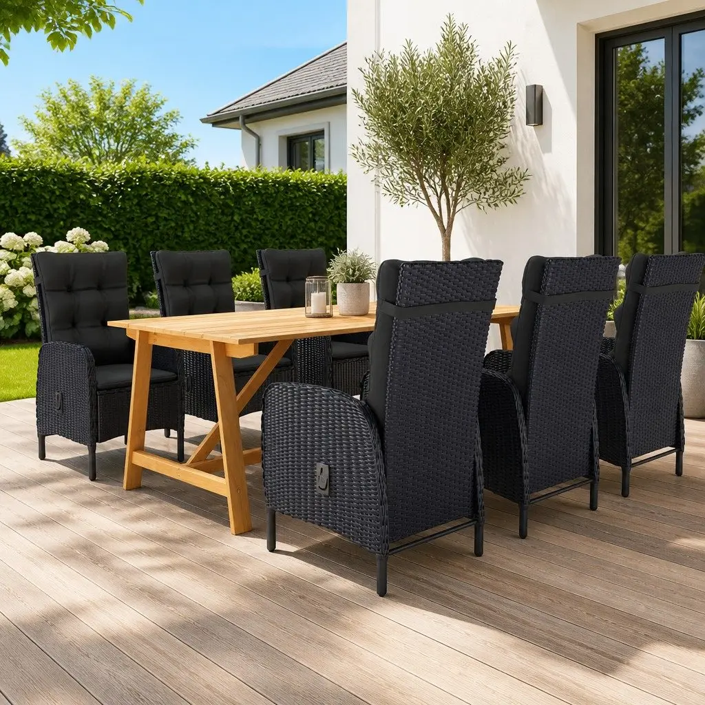 7-Piece Black Acacia Wood Garden Dining Set with Rattan Chairs