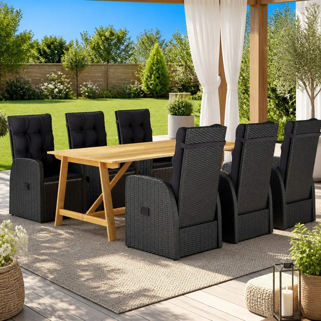7 Piece Outdoor Dining Set Acacia Wood Table Black Rattan Chairs with Cushions