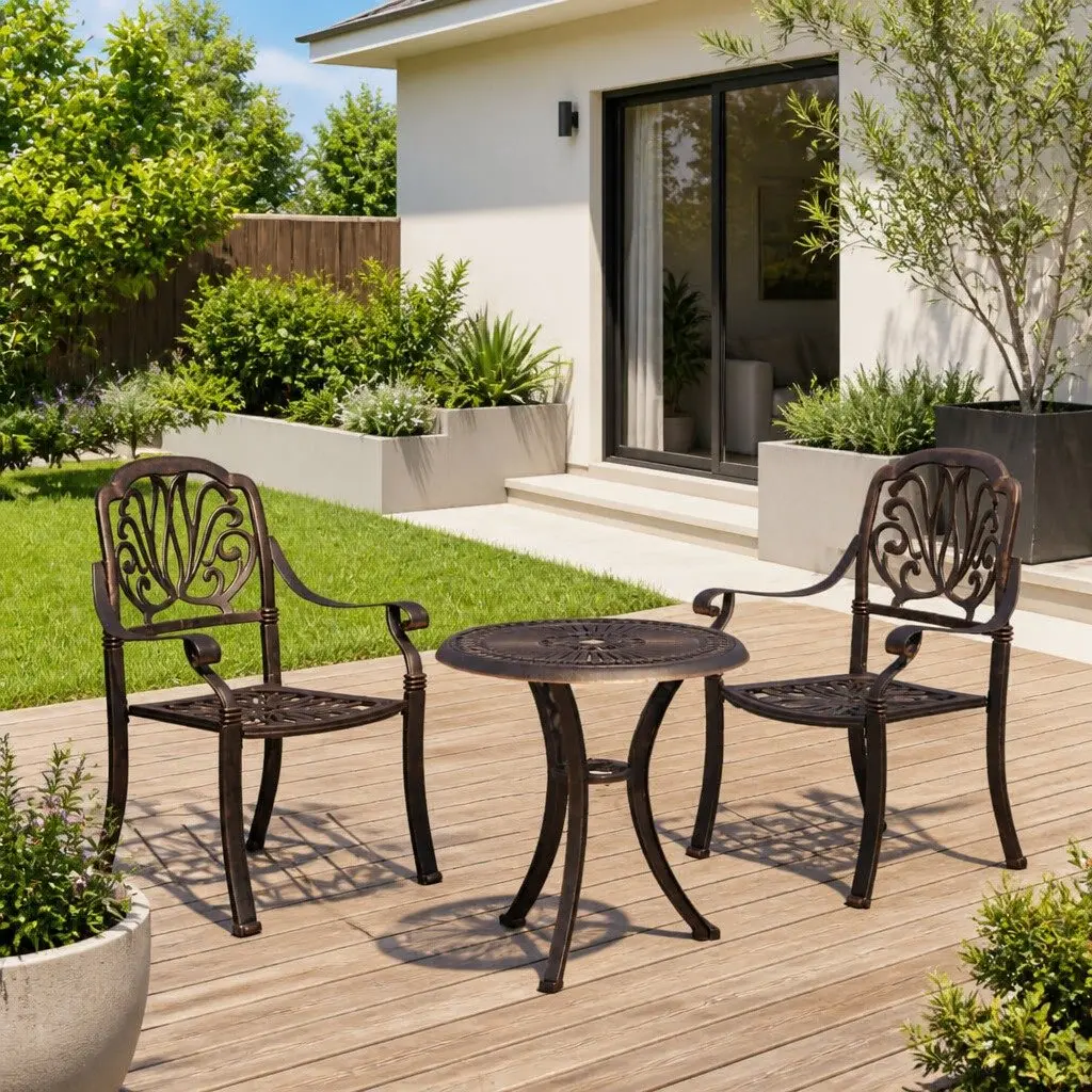 3 Piece Bistro Set Cast Aluminium Outdoor Garden Furniture Table Chairs Brown