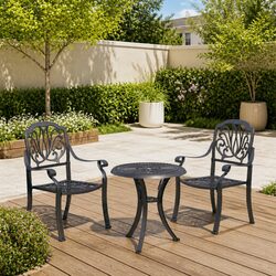 3 Piece Bistro Set Outdoor Chairs Table Cast Aluminium Black Garden Patio