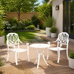 Elegant 3 Piece Bistro Set in White Cast Aluminium